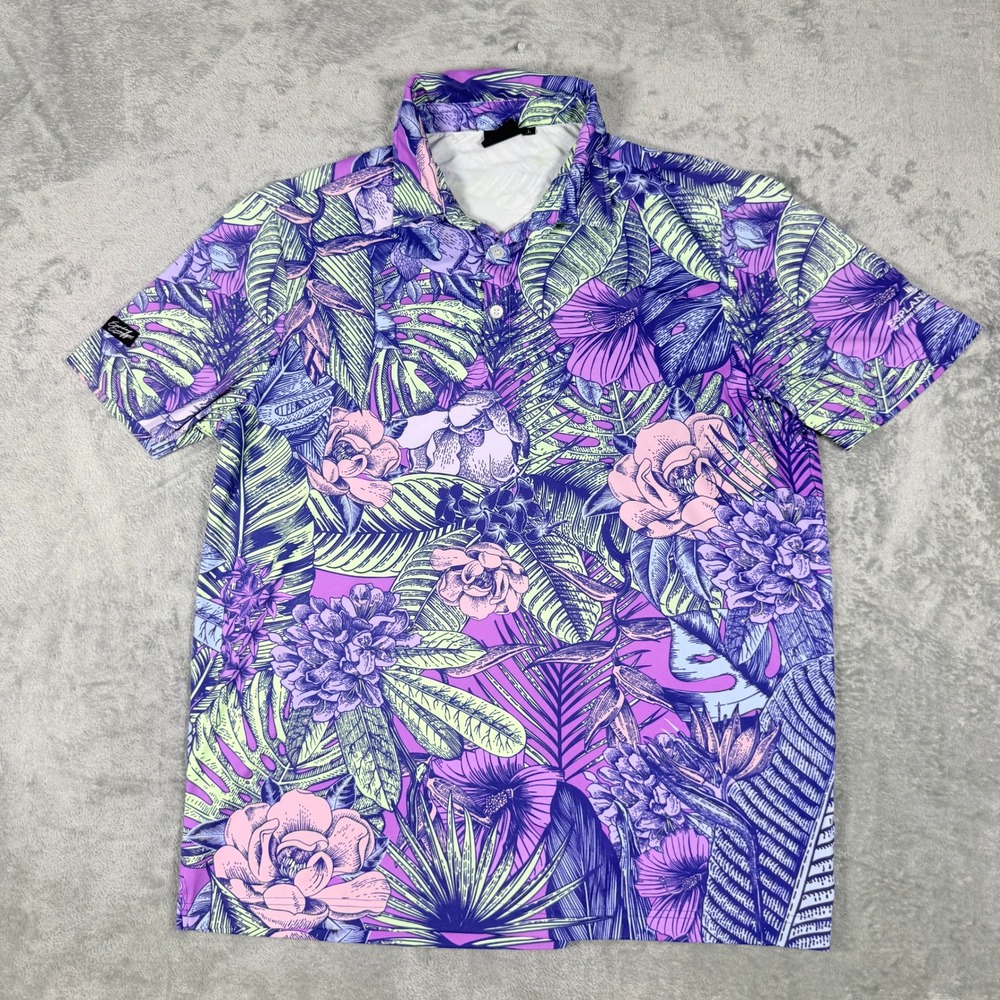 Sunday Swagger Mens Large Polo Shirt Tropical Floral Purple Golf Performance